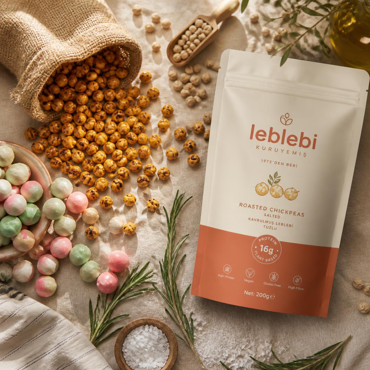 Premium roasted chickpea snacks with packaging, natural ingredients and candy-coated leblebi